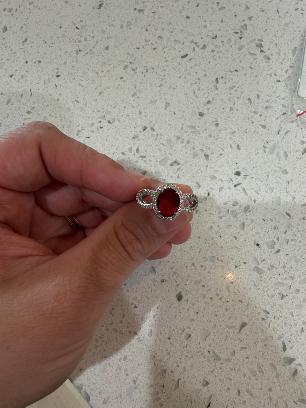 Bomb Party—Elegant Silver Ring with Red Oval Gemstone and Halo Accent